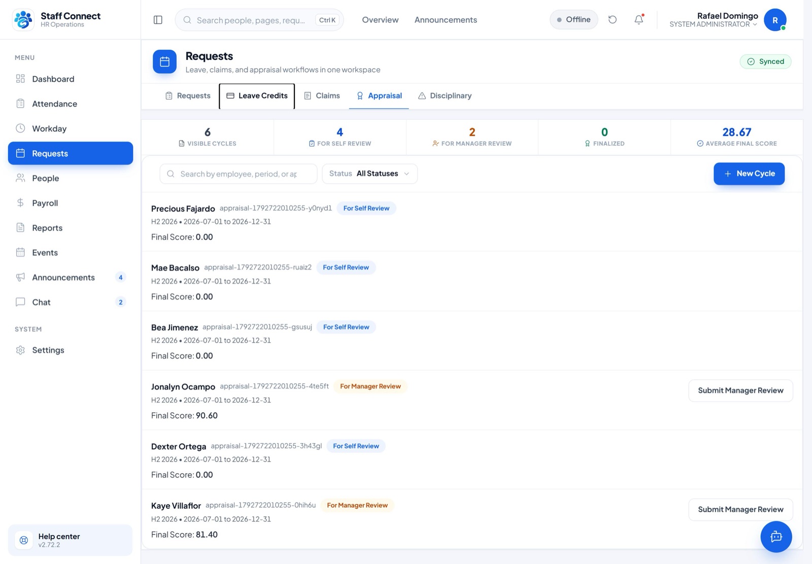 Staff Connect appraisals screen