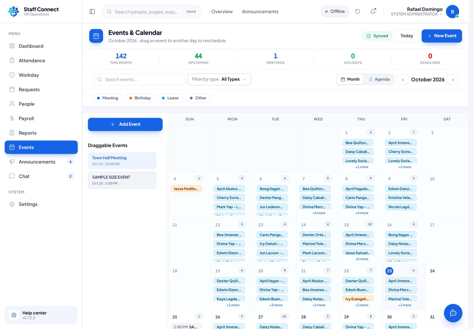 Staff Connect calendar screen