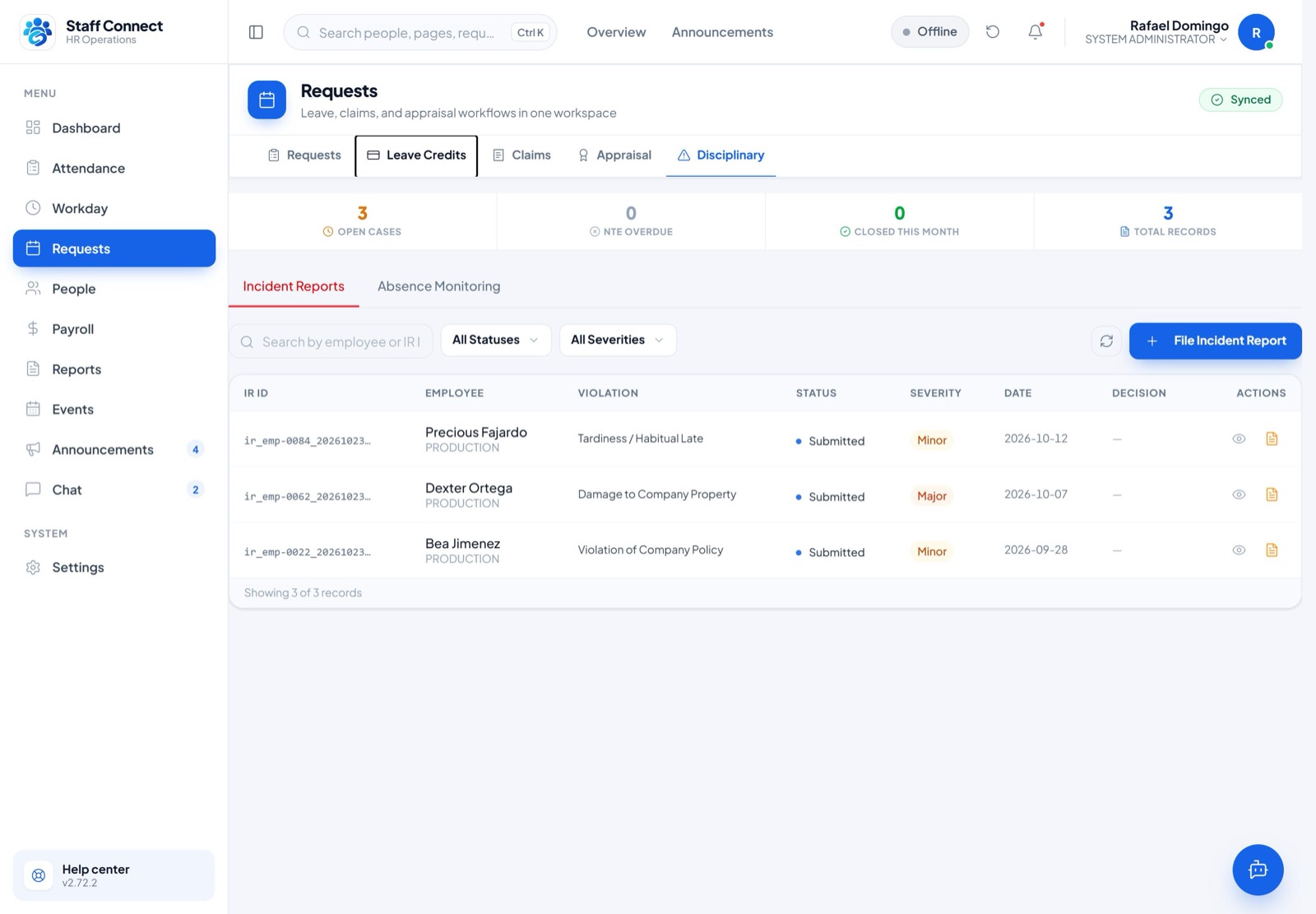 Staff Connect disciplinary screen