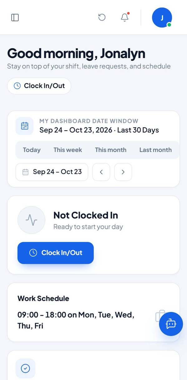 The Staff Connect staff dashboard on a phone, with a Clock In/Out button