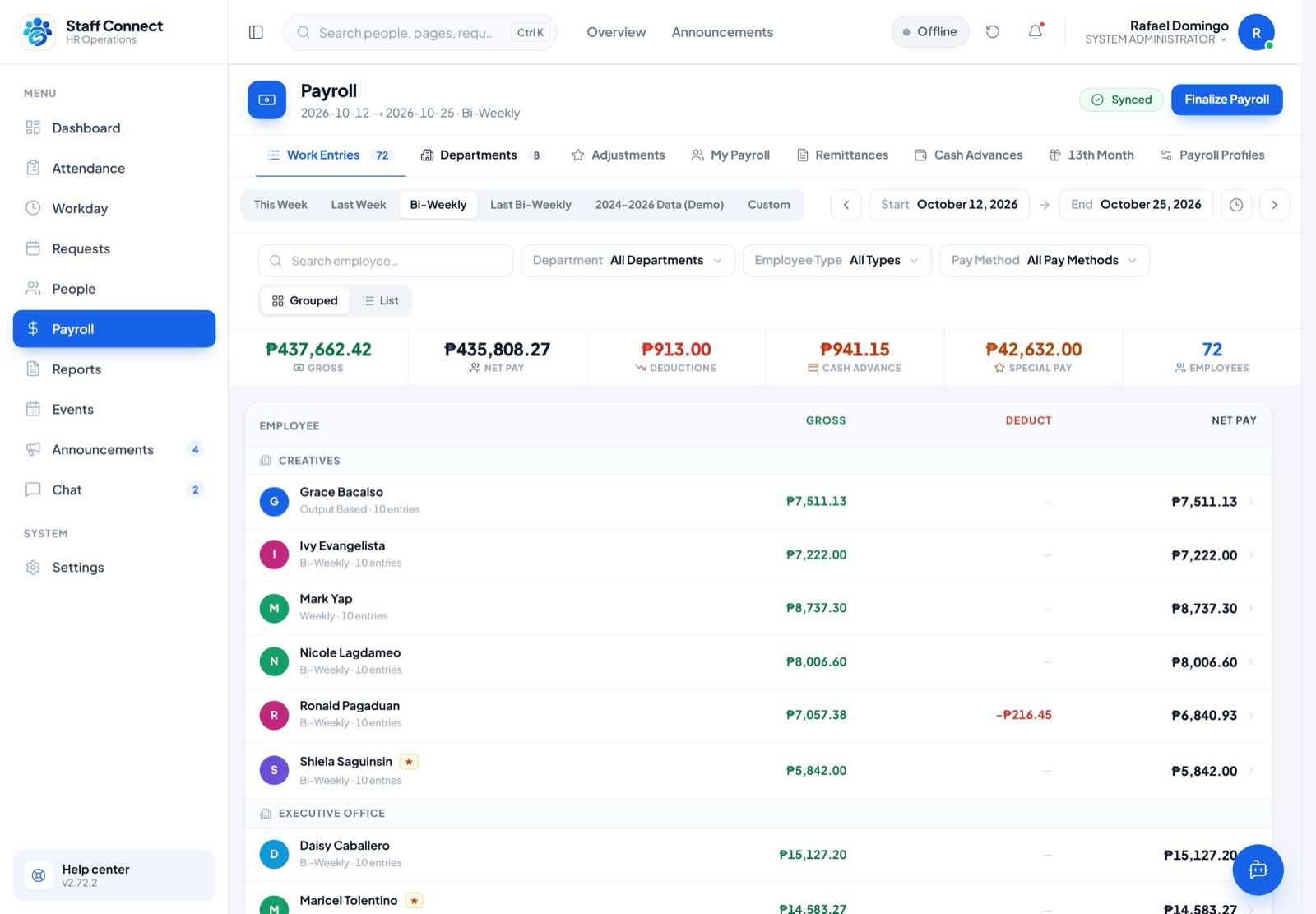 Payroll work entries in Staff Connect, with gross pay, deductions and net pay for each employee