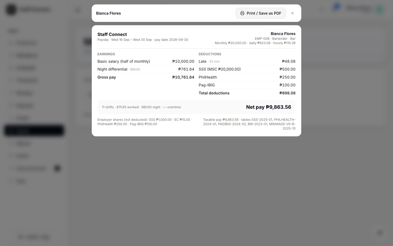 Staff Connect payslips screen