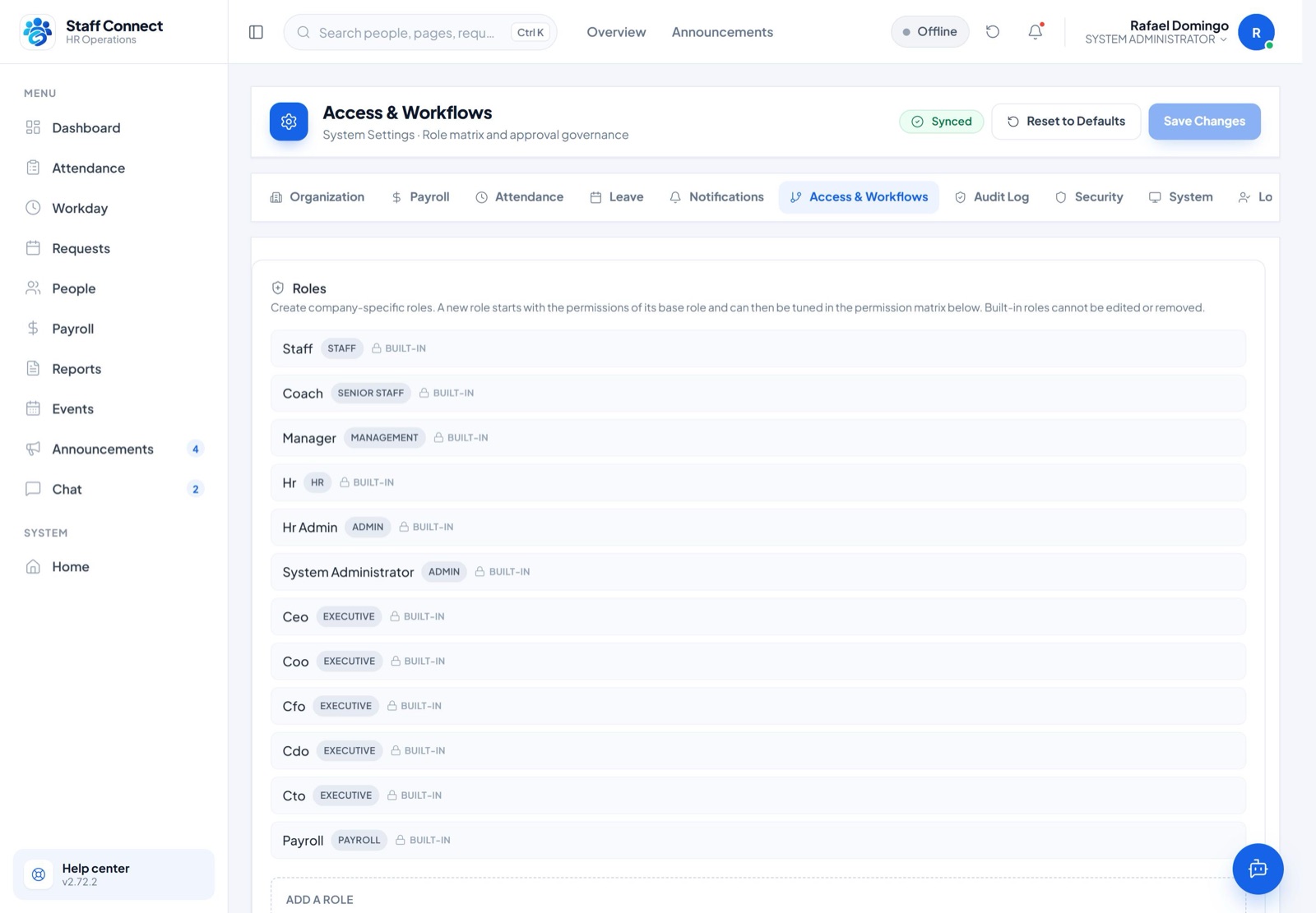 Staff Connect access rules screen